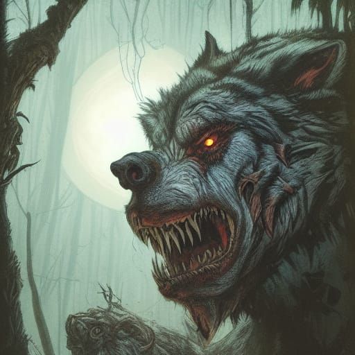 Feral Werewolf Portrait in a Detailed Horror Scene