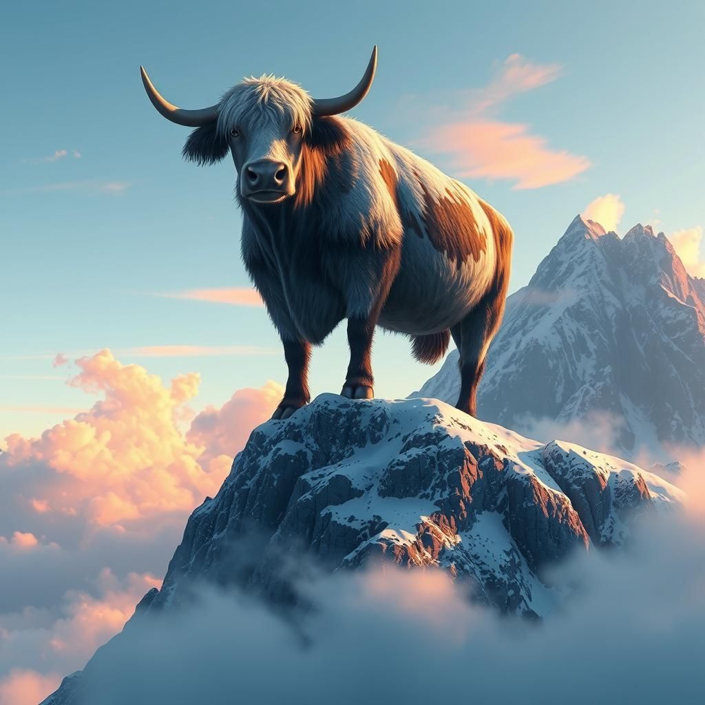 Majestic Cow on Snowy Peak: 3D Anime Art