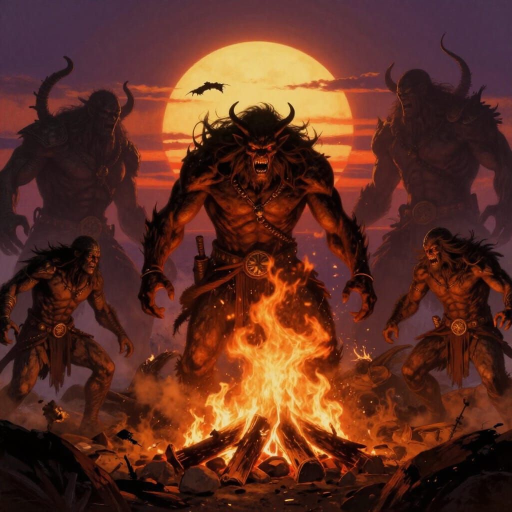 Warlike Creature Rises From Campfire at Dusk
