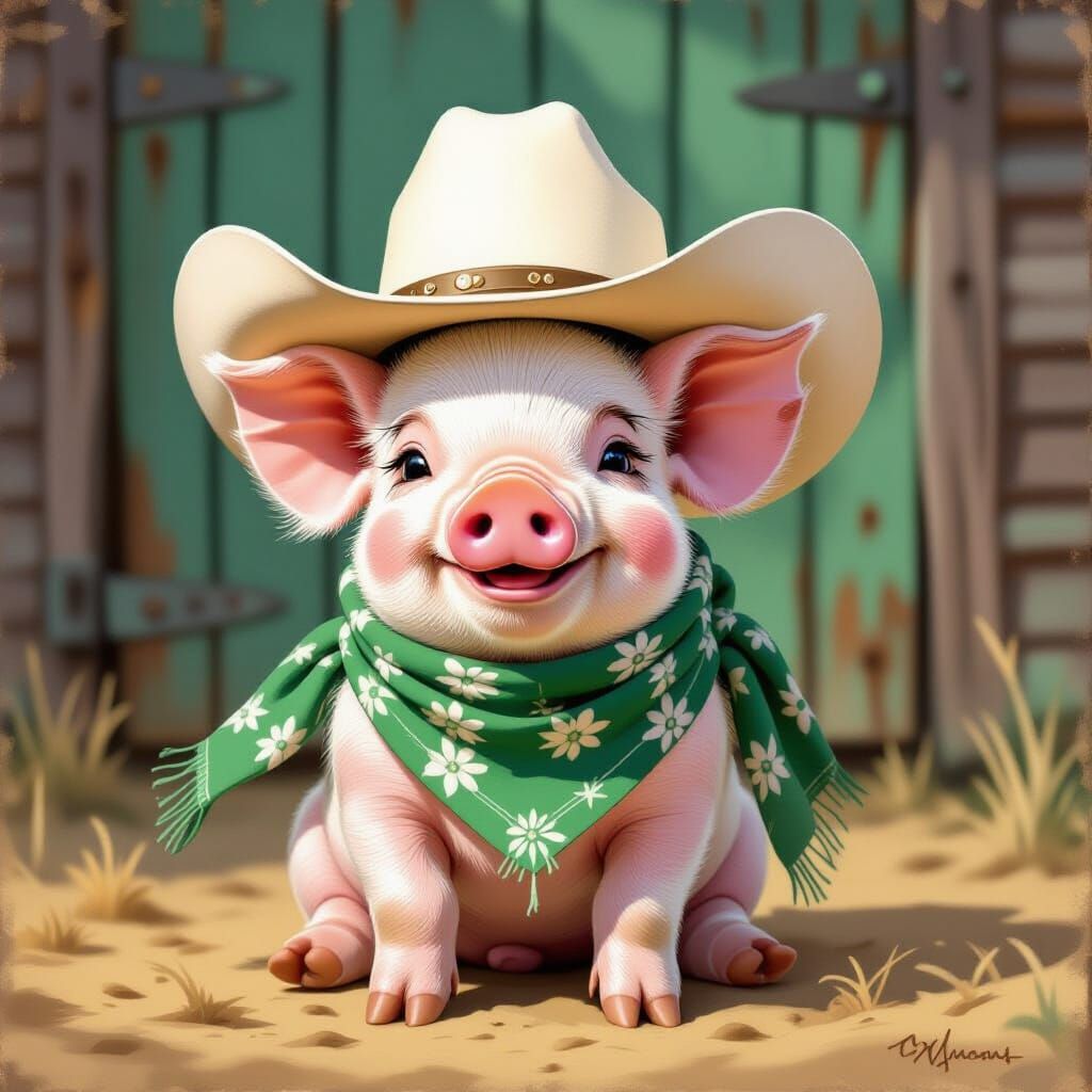 Smiling Piglet in Cowboy Hat, Whimsical Illustration