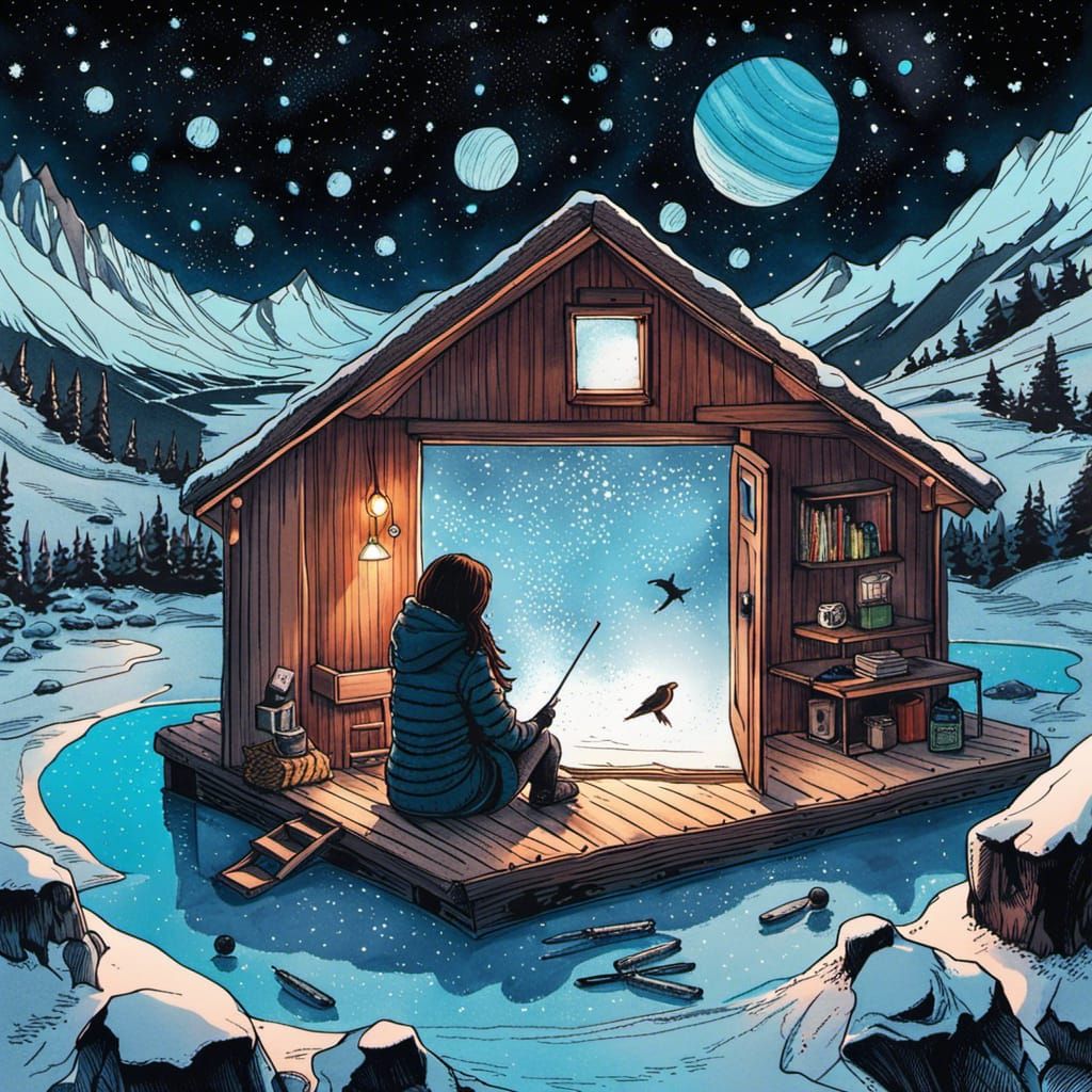 Dreamy Ice Fishing Scene with Stars, Pen Sketch