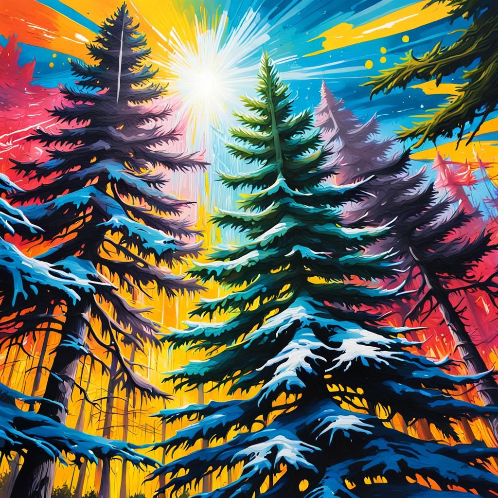 Sunlit Conifers in Colorful Graffiti Style