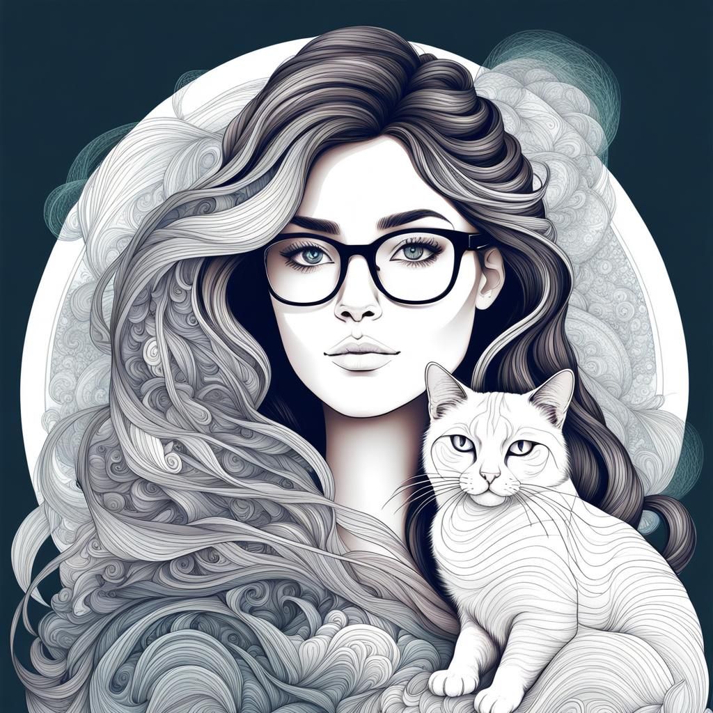 Auburn-Haired Girl Holding a Calico Cat in Abstract Style