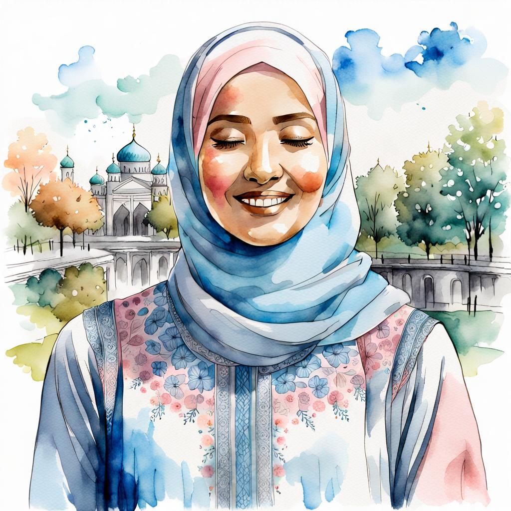 Finnish Hijabi Woman with Closed Eyes, Watercolor Portrait