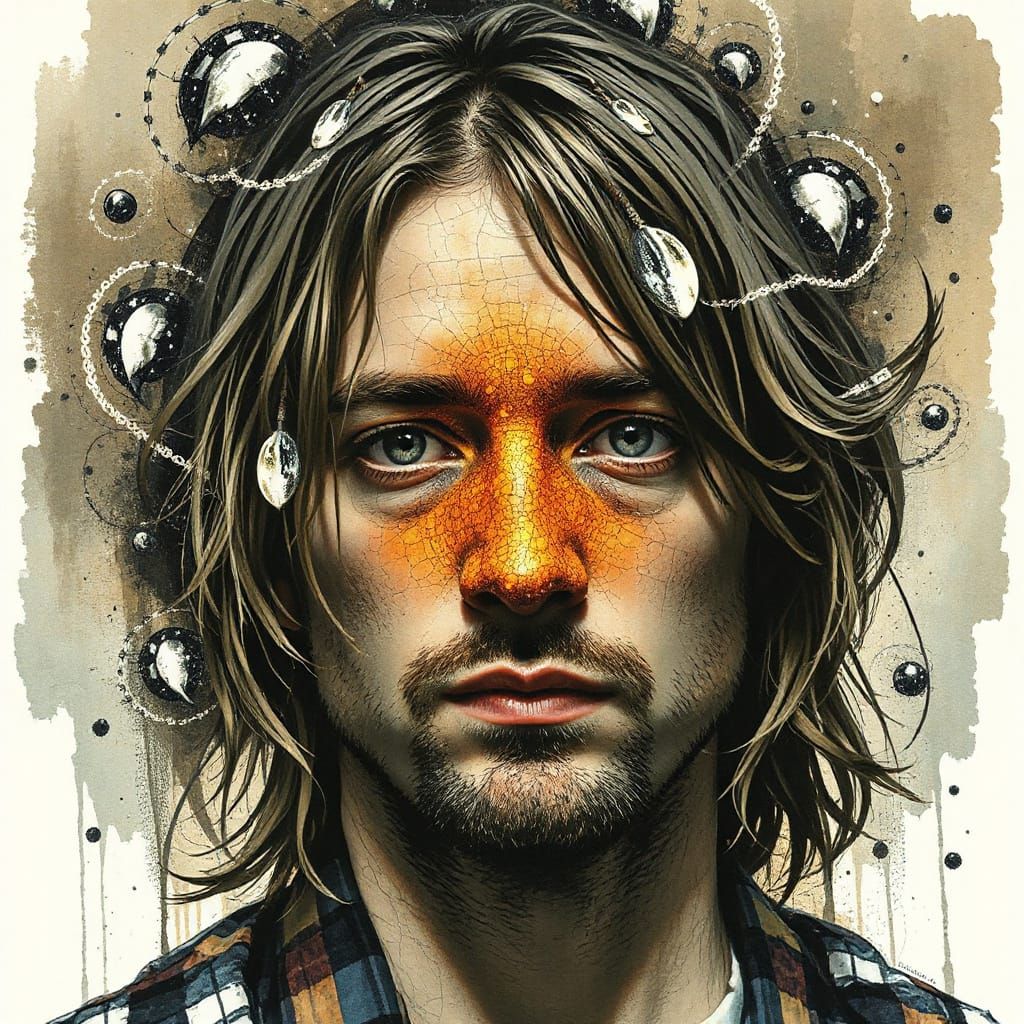 Abstract Kurt Cobain Portrait with Chaotic Ink Washes
