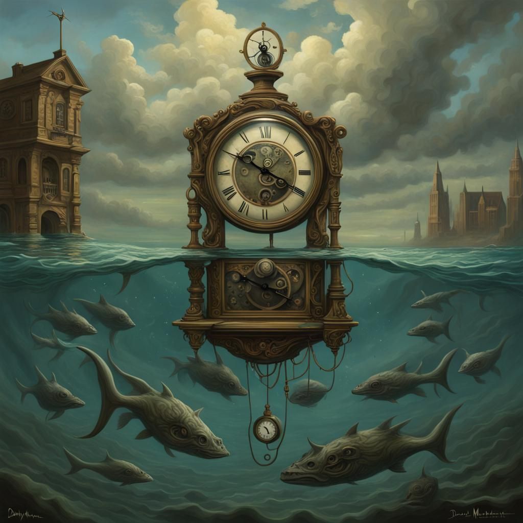 Surreal Steampunk Clock Floating on Water