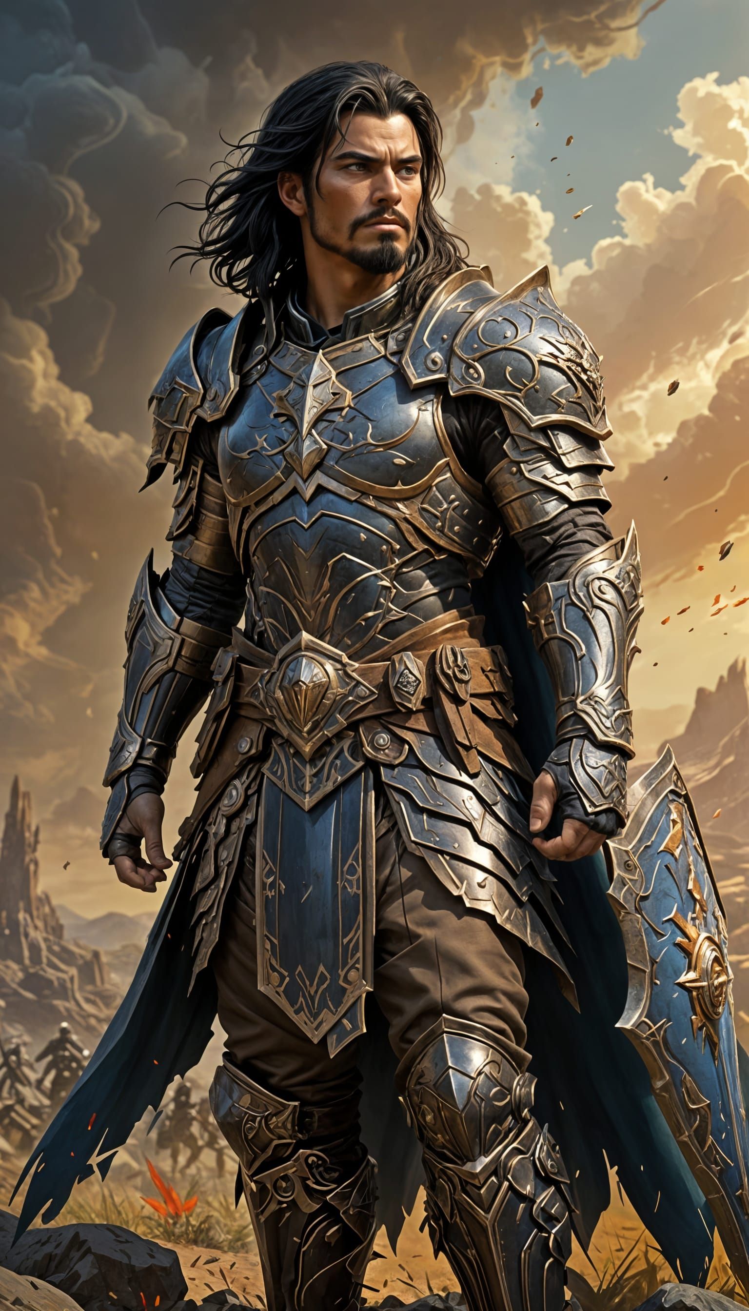 Fantasy Warrior in Intricately Detailed Armor Stands on Batt...