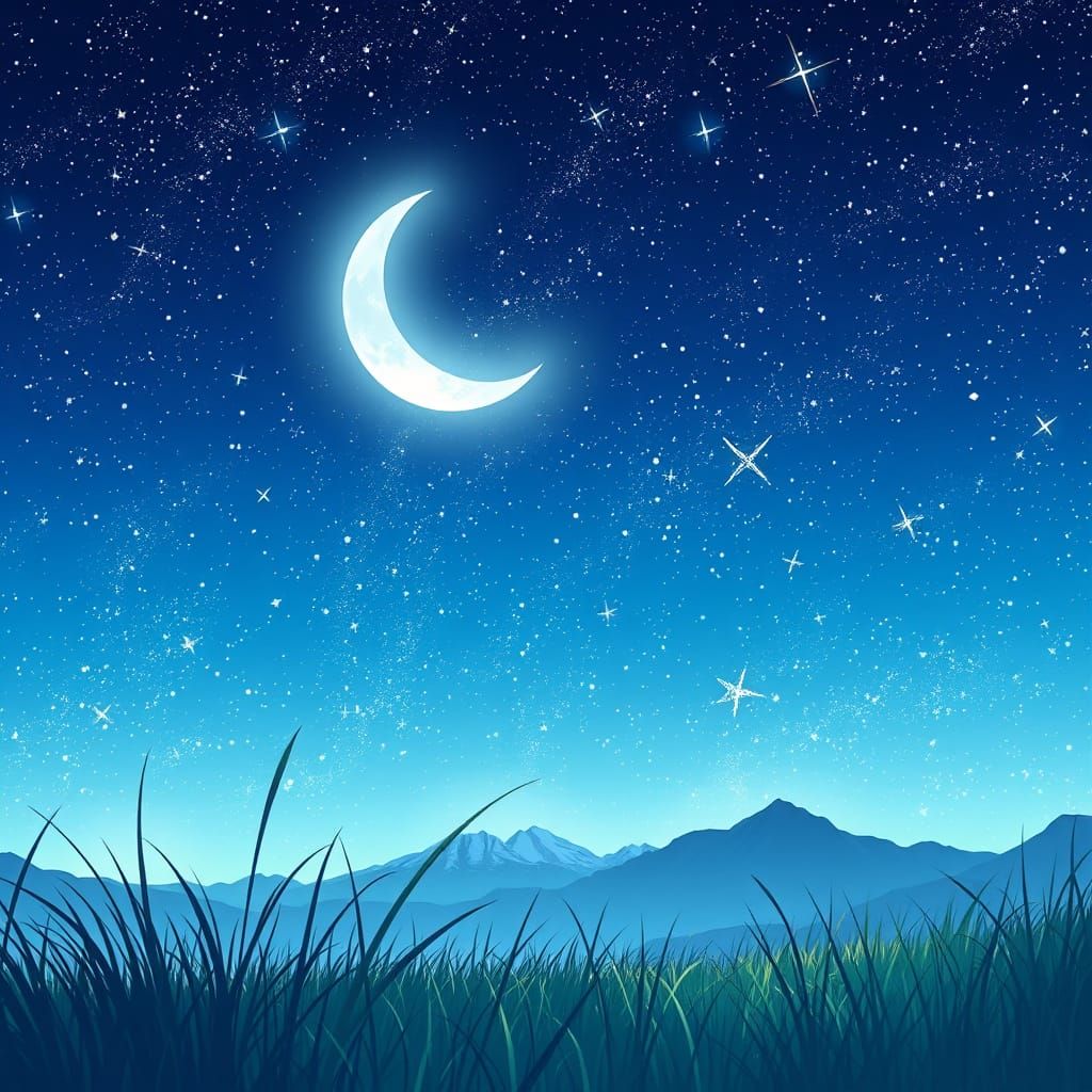 Dreamy Anime Night Sky with Stars, Moon, and Majestic Mounta...