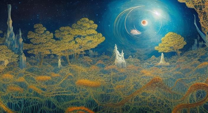 Eerie Ghost Figure in Surreal Starry Landscape