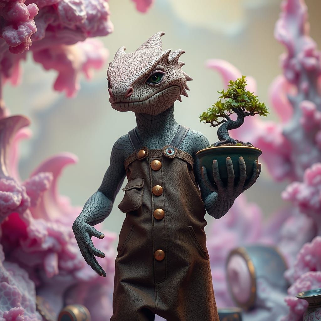 Whimsical Hybrid Creature with Leather Skin and Bonsai Tree ...
