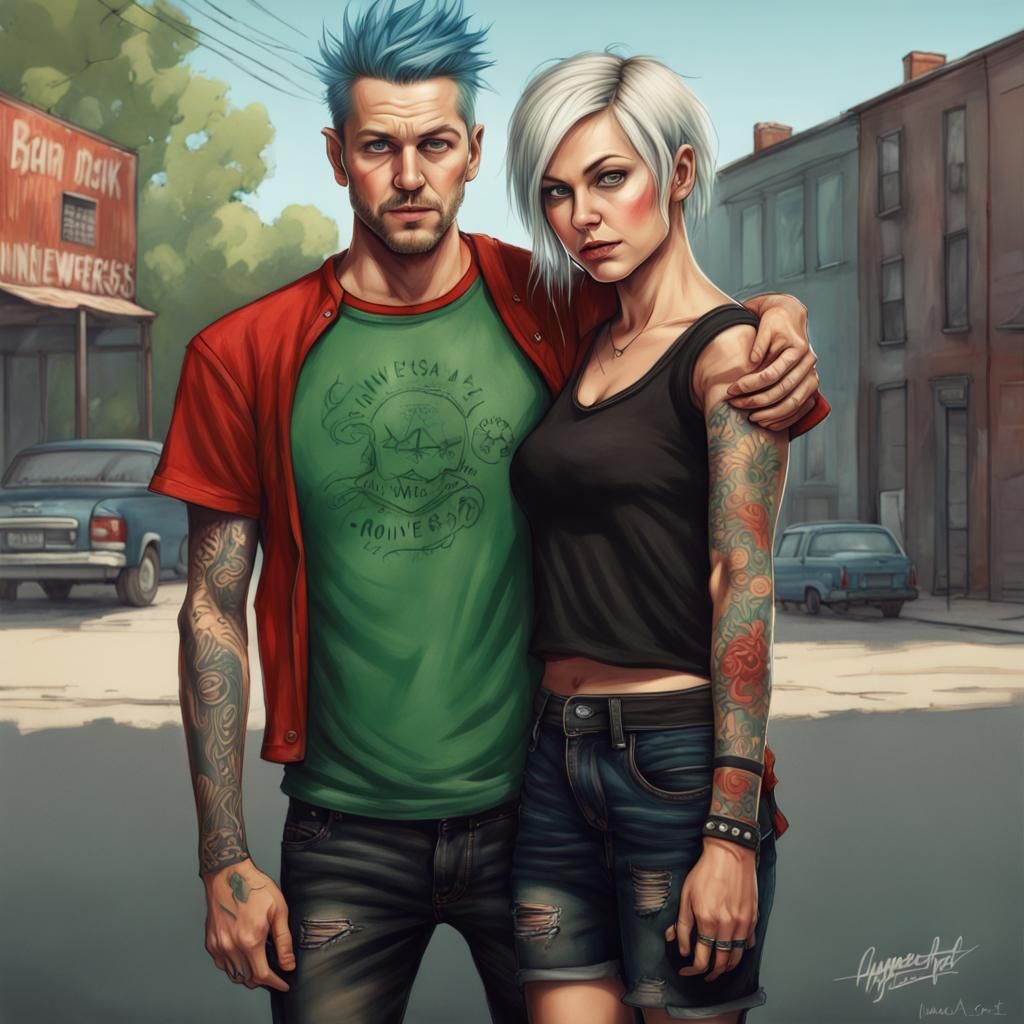 Punk Rock Couple in Hyperrealistic Splash Art