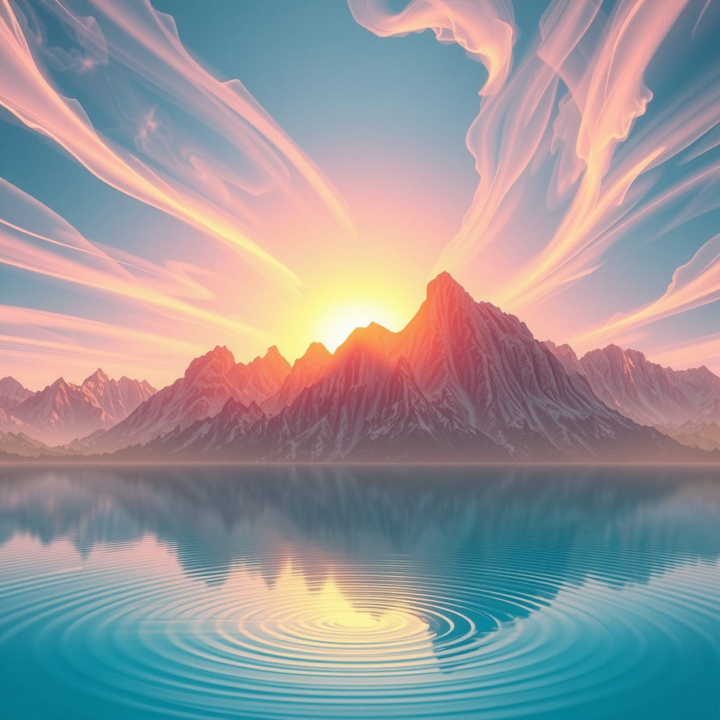Pink Mountains Sunrise Reflecting in Lake: 3D Render