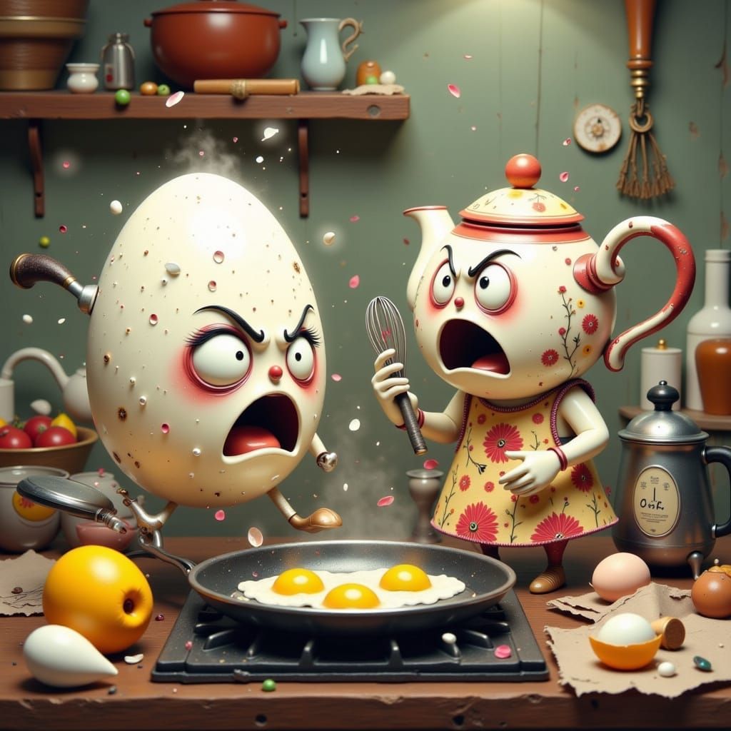 Furious Egg Throws Coffee Maker in Whimsical Style