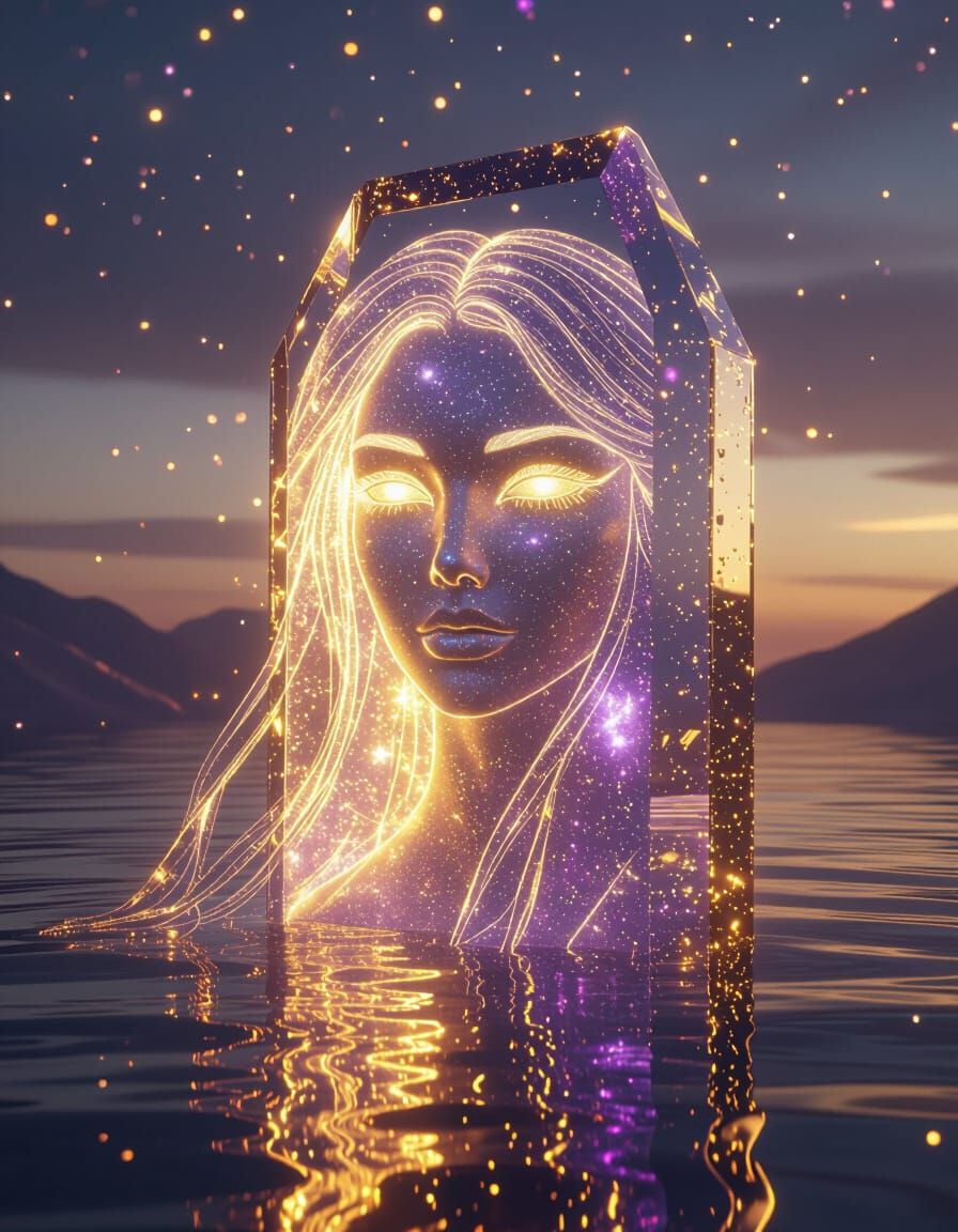 Crystal Mirror Reflecting Ethereal Face in Surreal Landscape