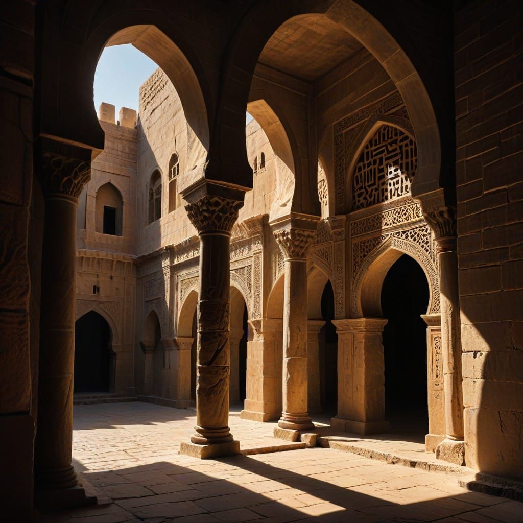 Intricately Carved Arabian Fort in Sunset Golden Hour