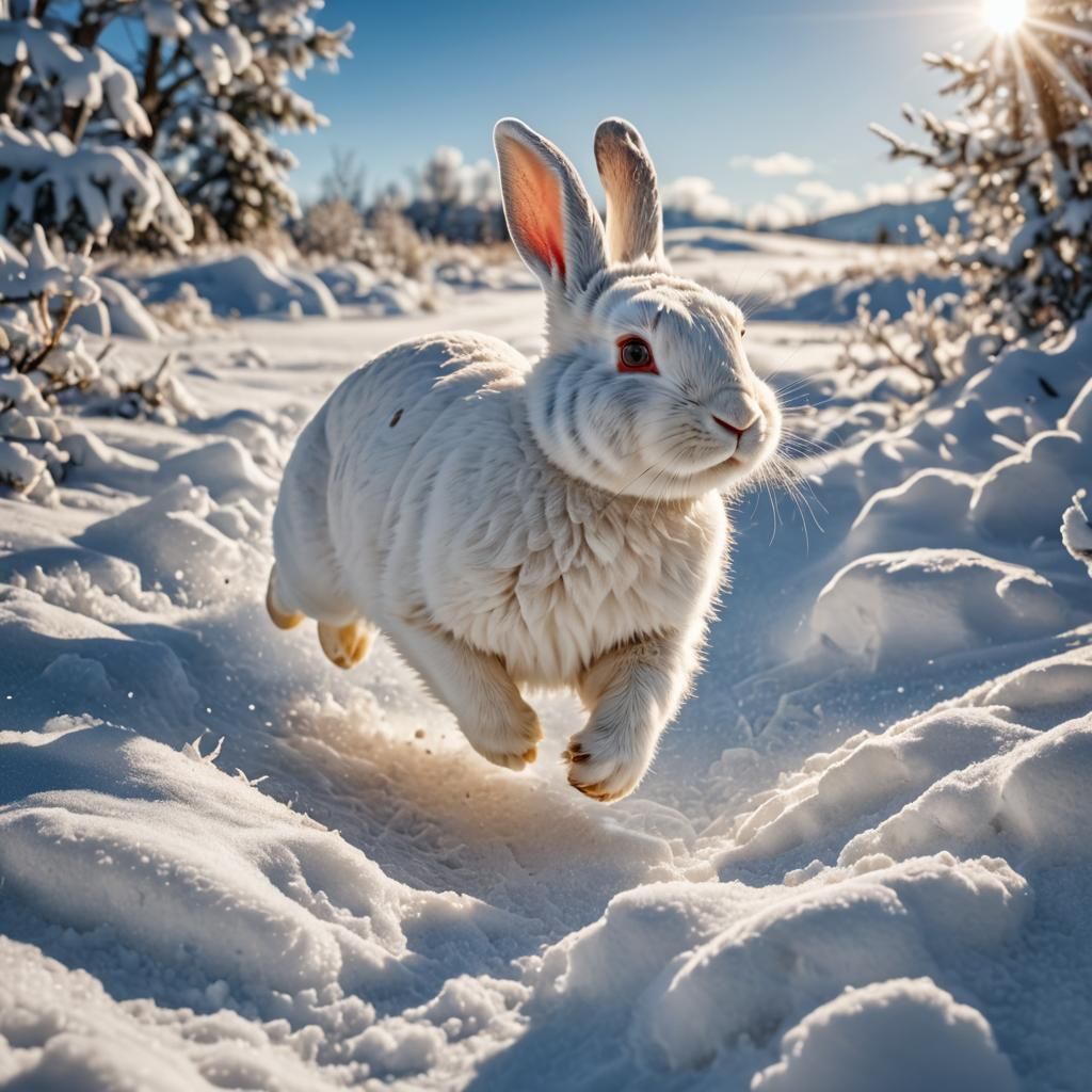 Cute White Rabbit Running in Snowy Landscape