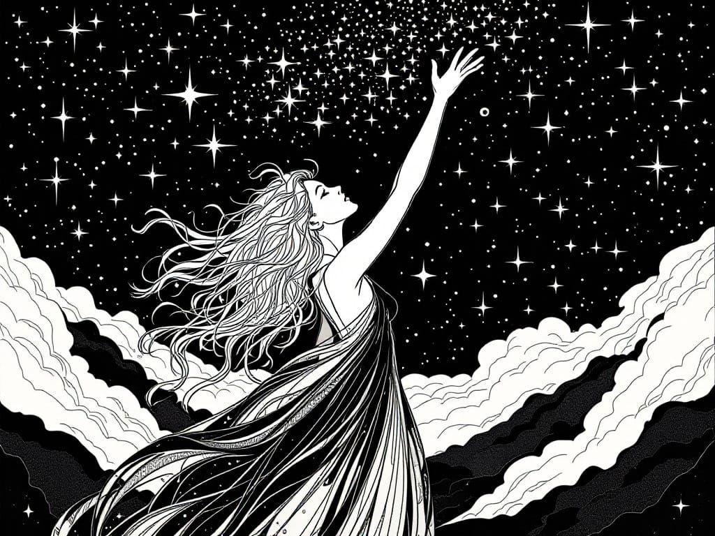 Ethereal Woman Reaching for Stars in Art Nouveau Style