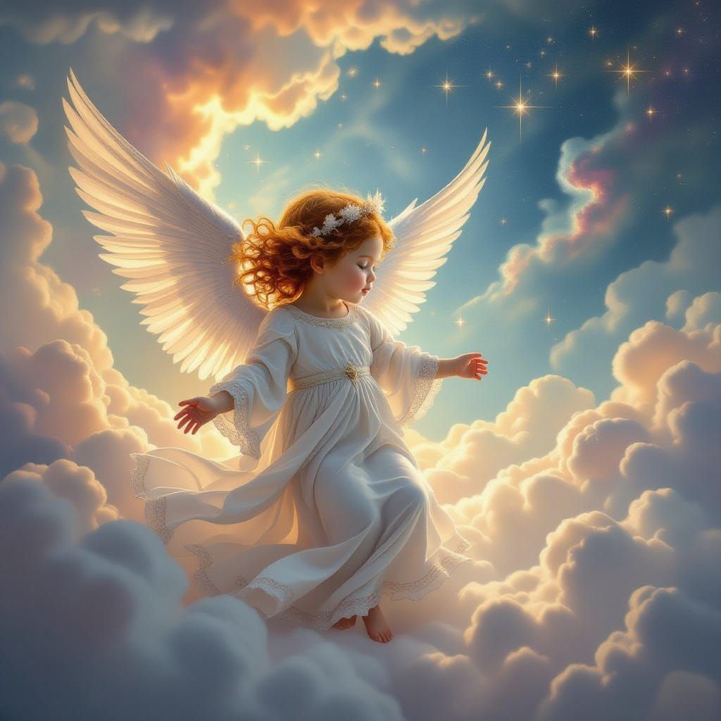 Baby Angel on Cosmic Cloud in Ethereal Digital Painting