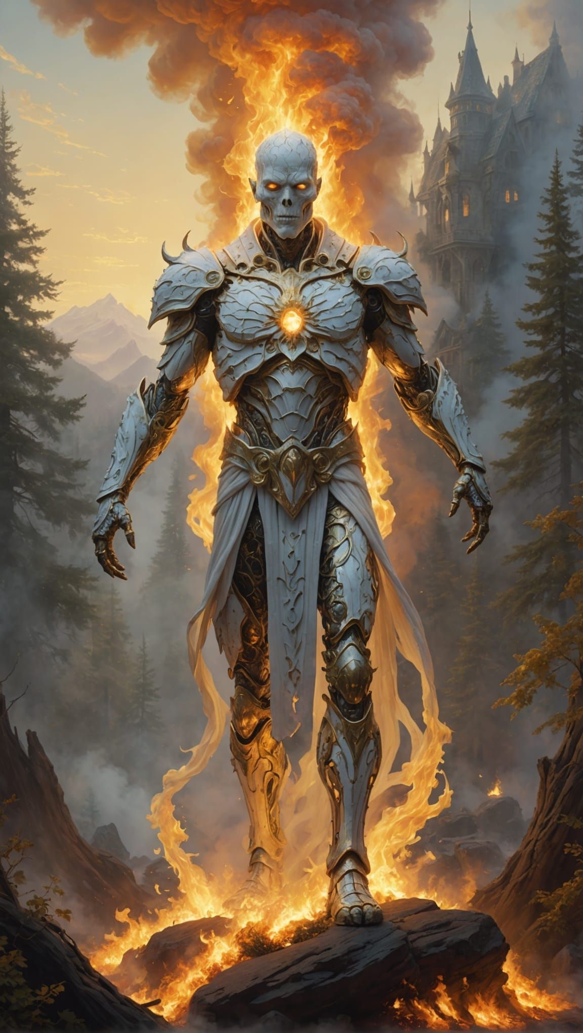 Figure Engulfed in White Flames: Ethereal Golden Hour