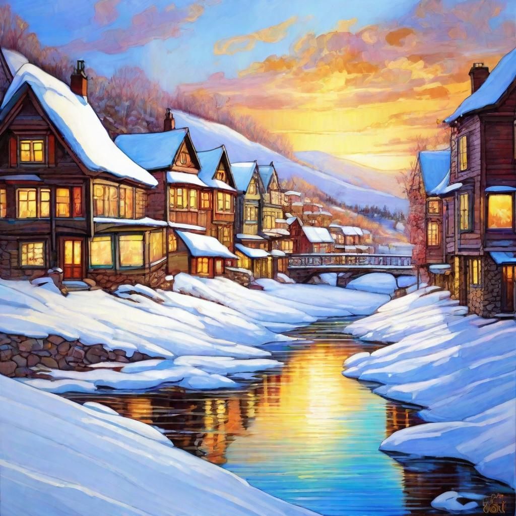 Coastal Village Illustration in Tiffany Style