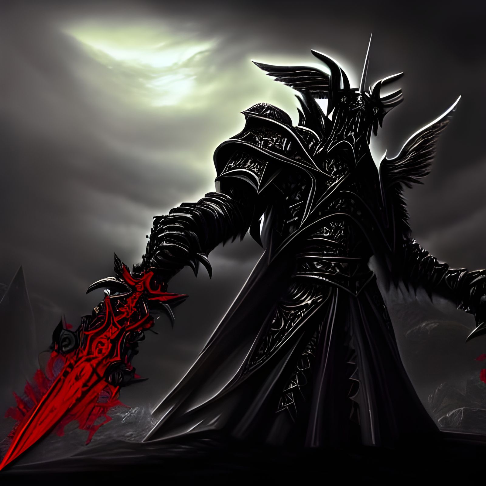 Armored Lord with Dark Sword in Surreal Horror Landscape