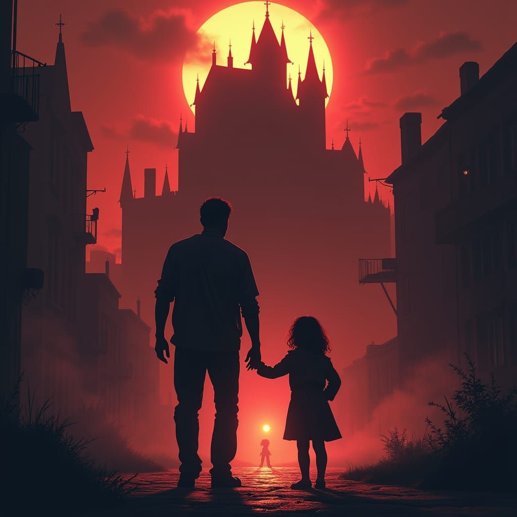 Father and Daughter in Ominous Cityscape