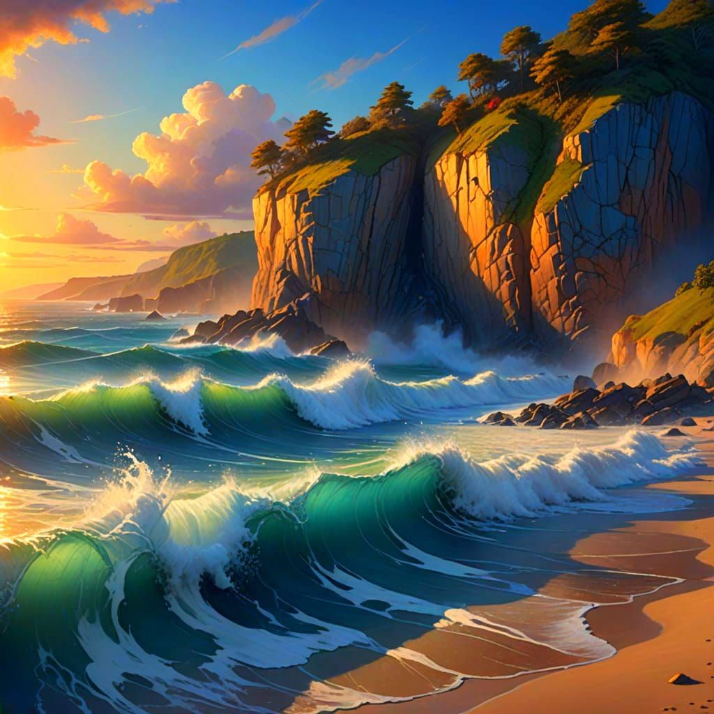 Iridescent Opal Cliff Beach in Matte Painting Style