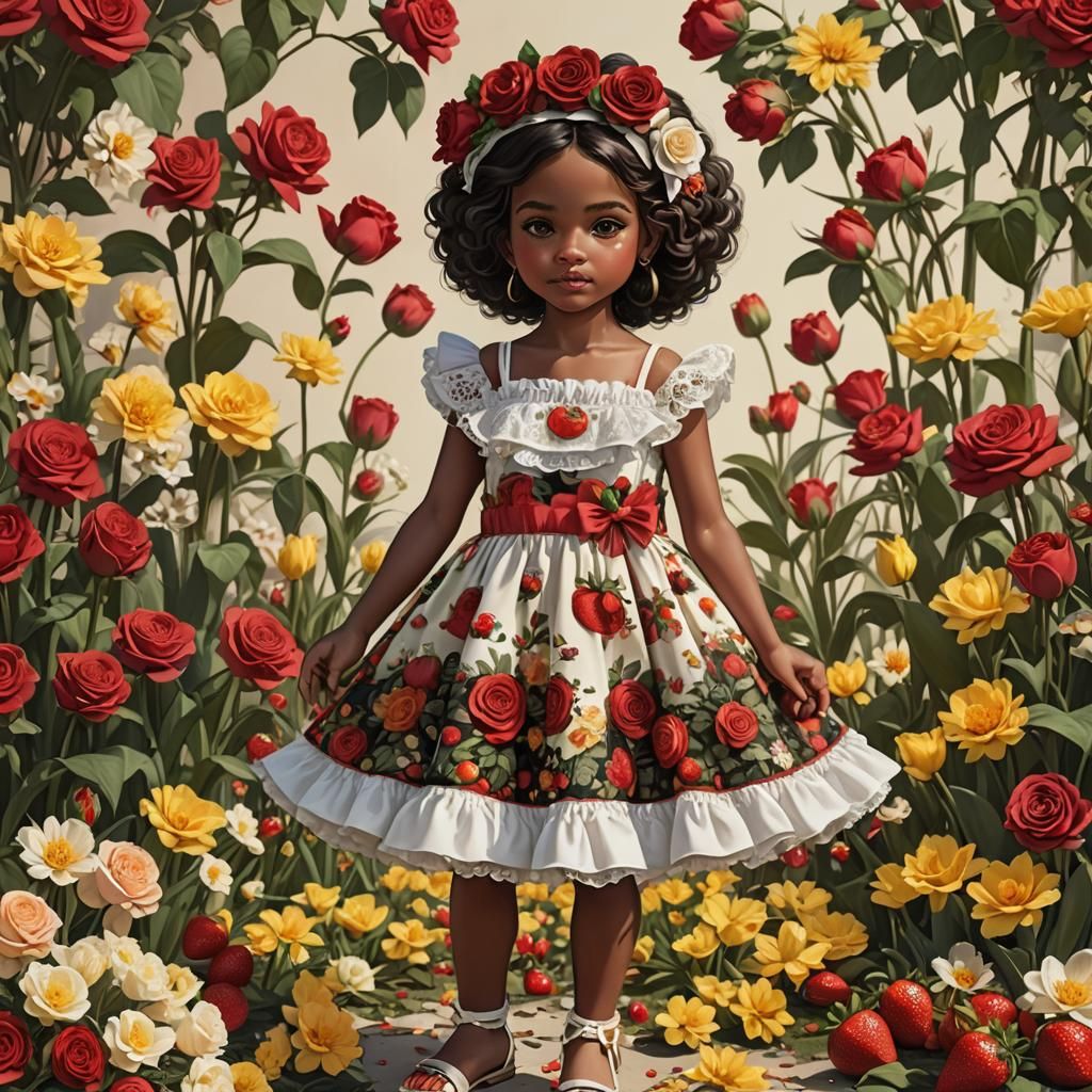 Brown Girl in Floral Garden, Detailed Matte Painting