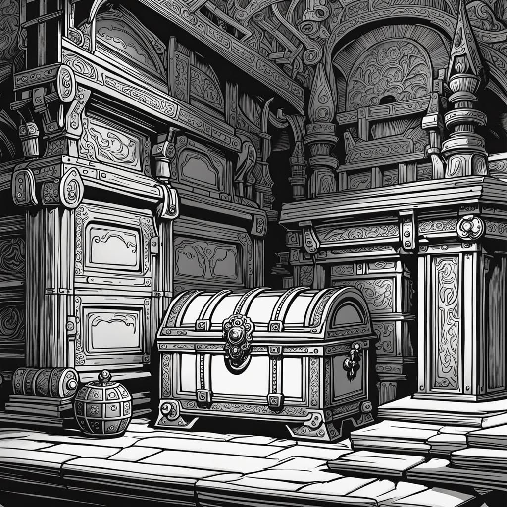 Dungeon Treasure Chest with Adventurer: Line Art