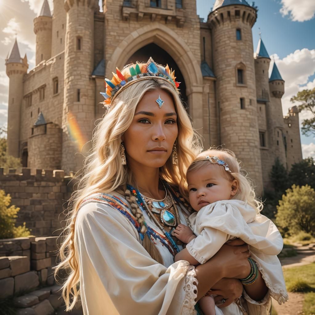 Native American Princess Holding Baby in Divine Light