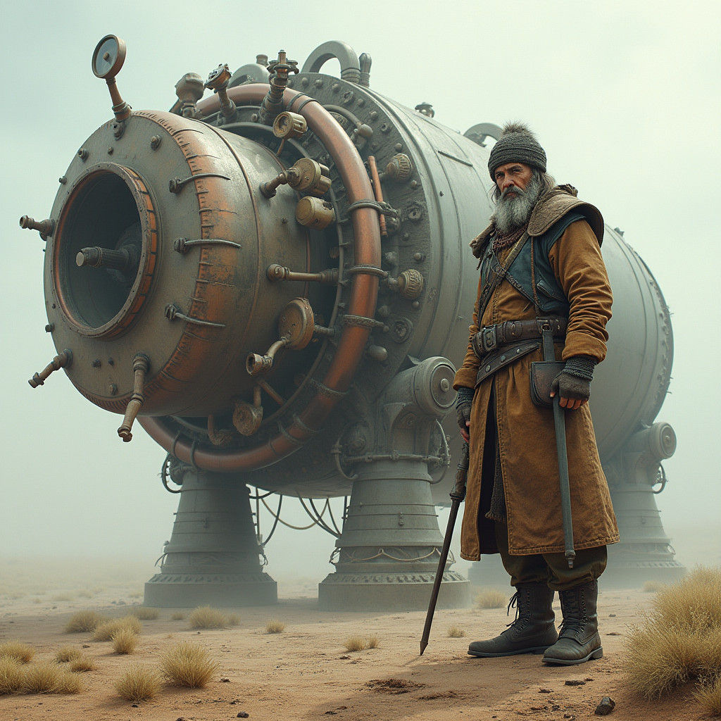 Kazakh Warrior and Steampunk Engine on the Steppe