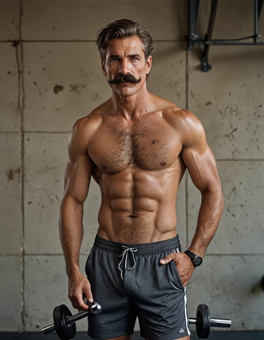 Handsome Man with Mustache Posing at Gym