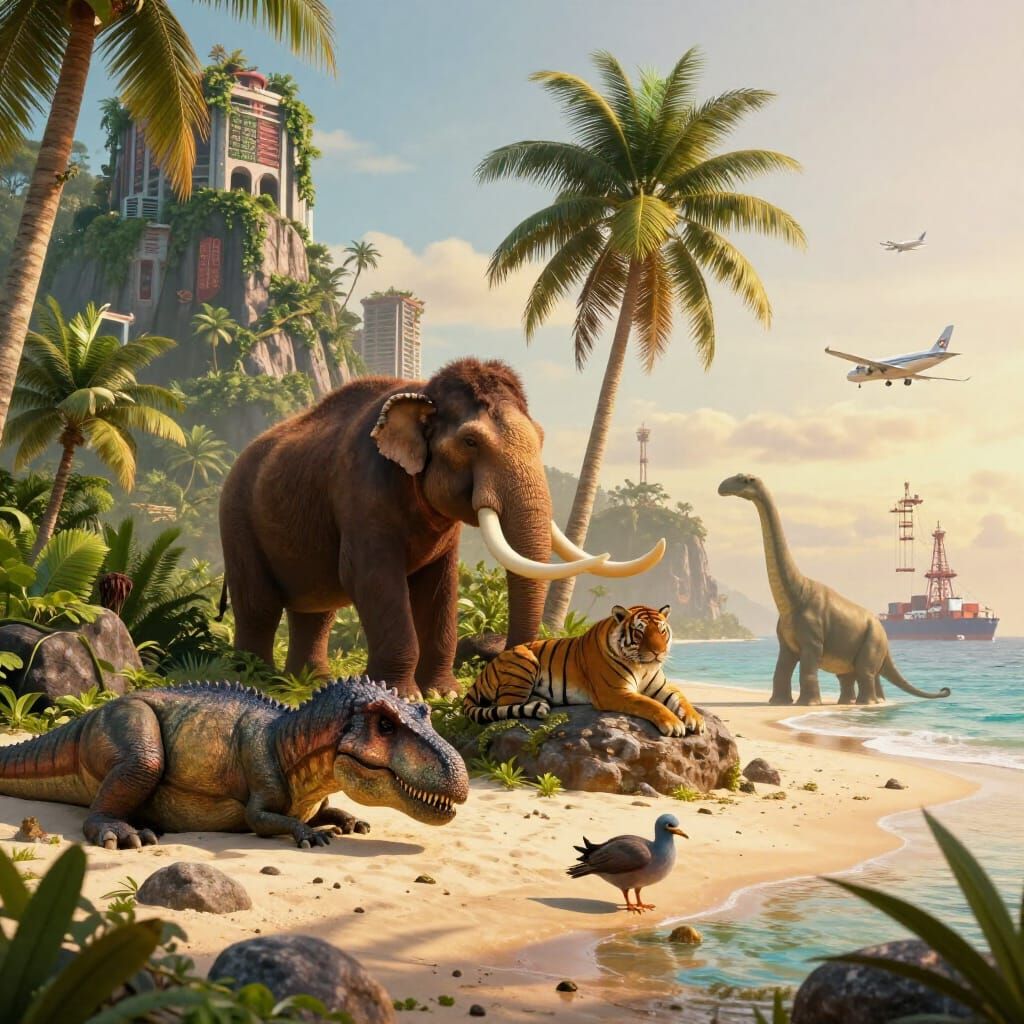 Extinct Creatures Relax on Tropical Island in Surreal Cinema...