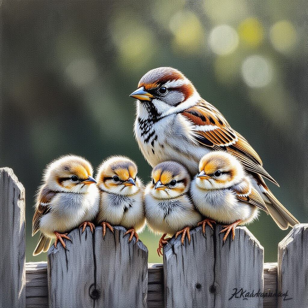 Hyperdetailed Charcoal Drawing of Sparrow Family on Fence