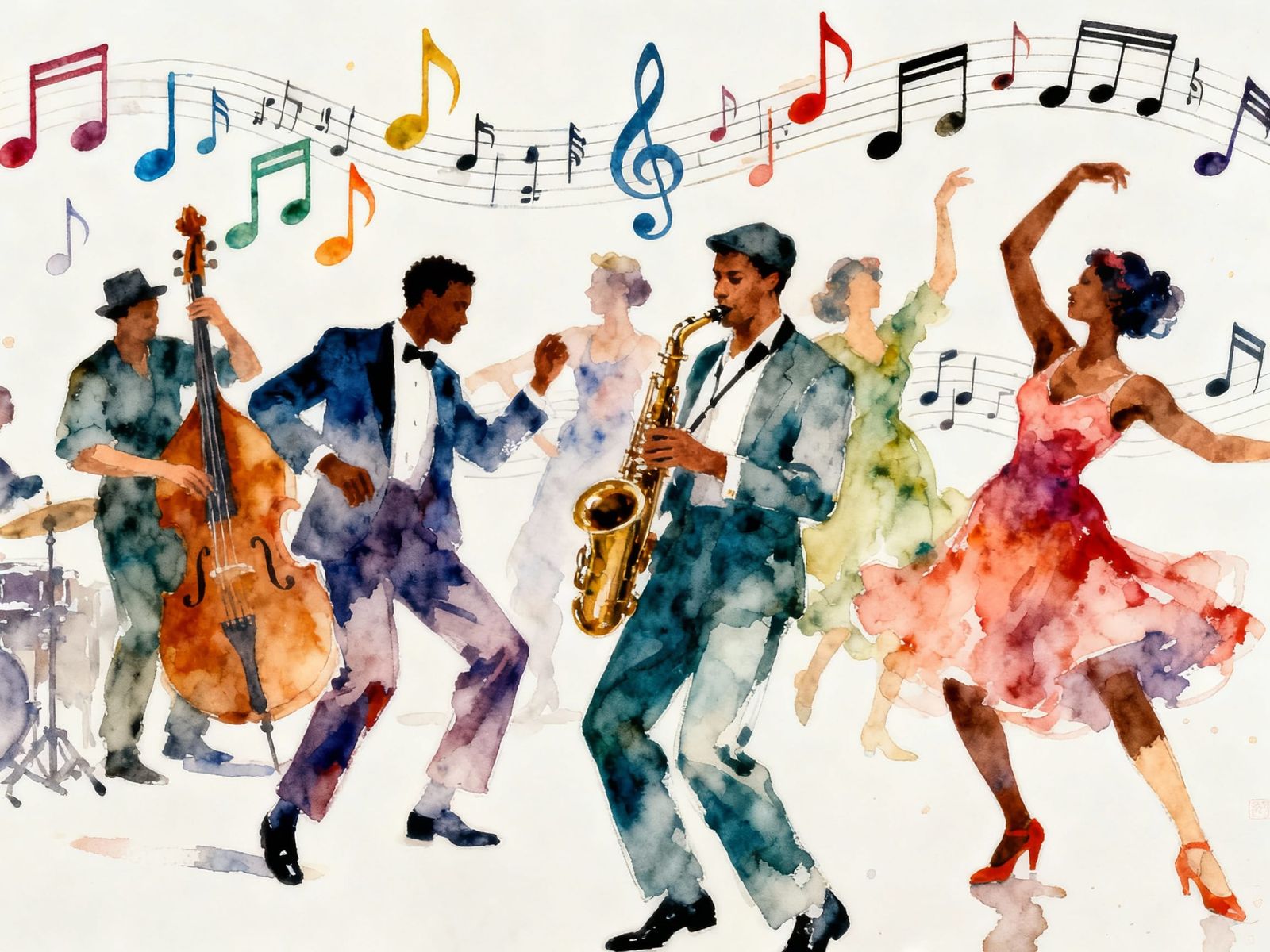 Vibrant Jazz Dancers in Watercolor Impressionism Style