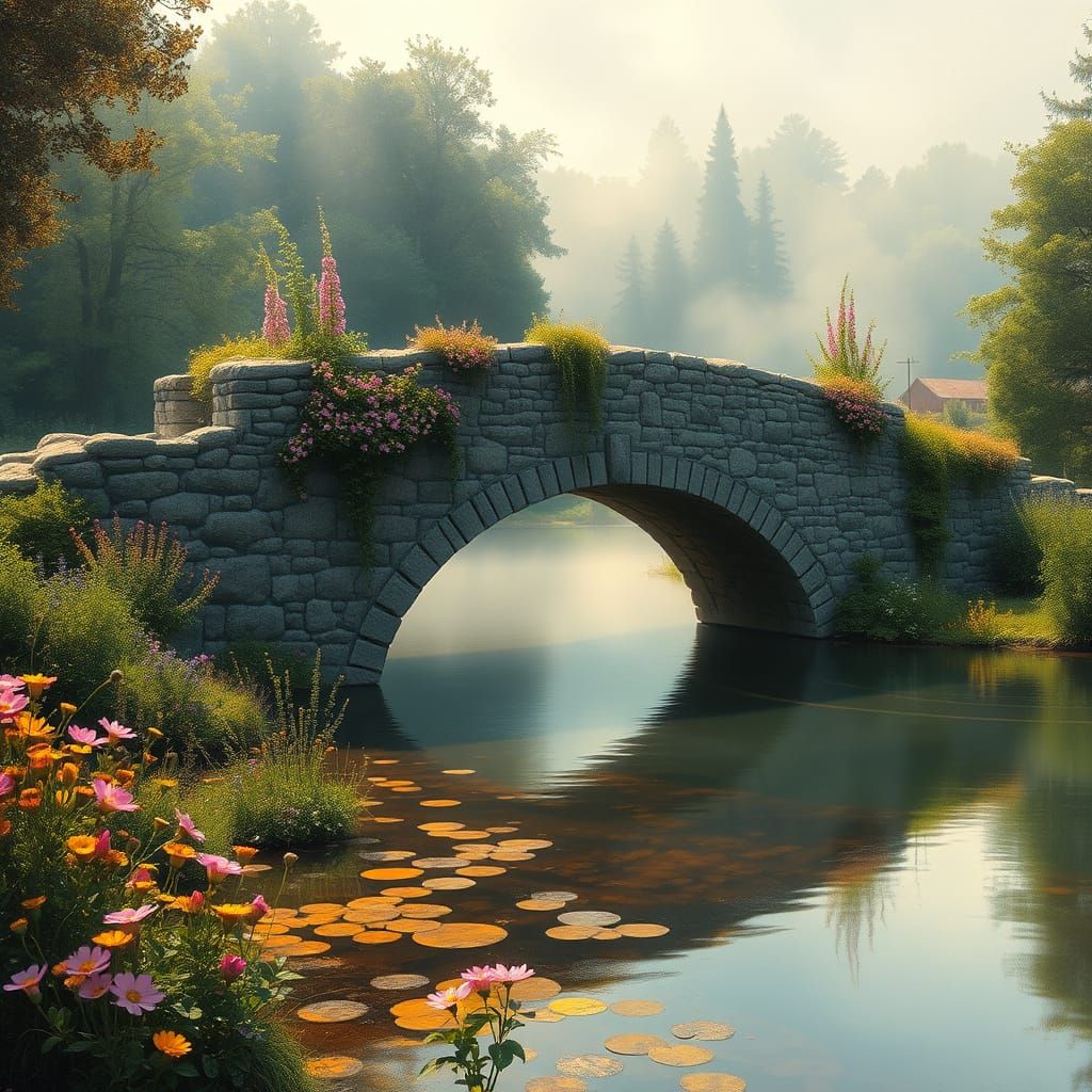 Serene Stone Bridge in Vibrant Wildflowers