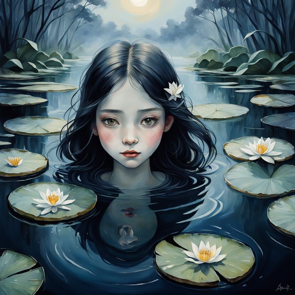 Serene Water Goddess Rises from Misty Lake