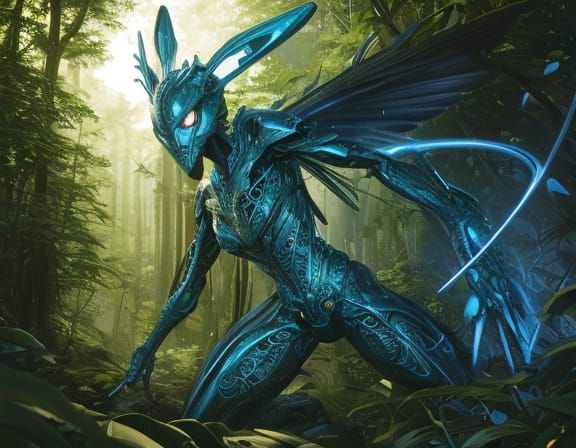 Stylized Green Mantis Alien in a Vibrant Forest Landscape