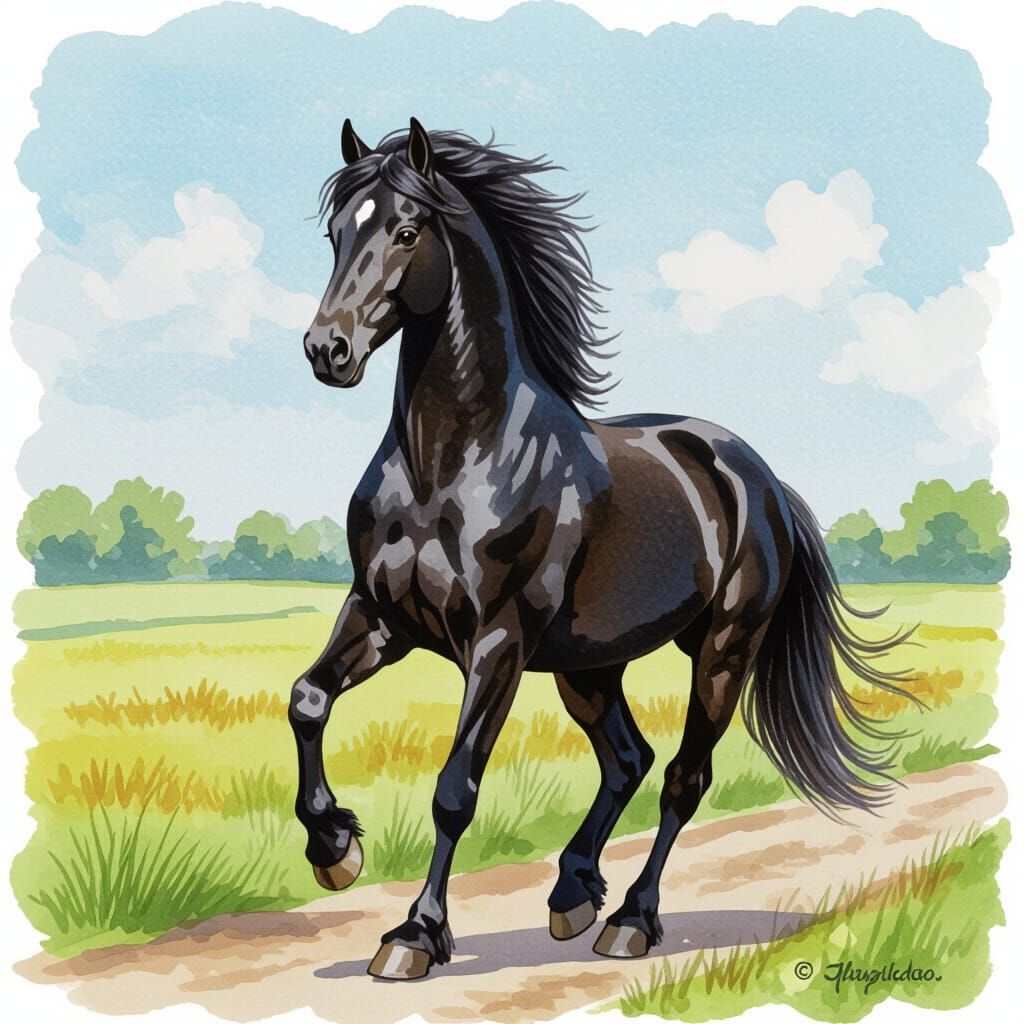 Realistic Watercolor Black Friesian Horse Portrait