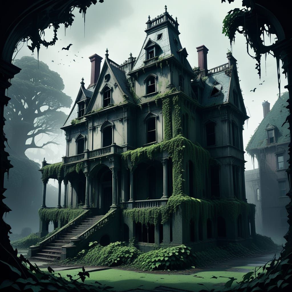 Gothic Mansion Ruin Shrouded in Ivy