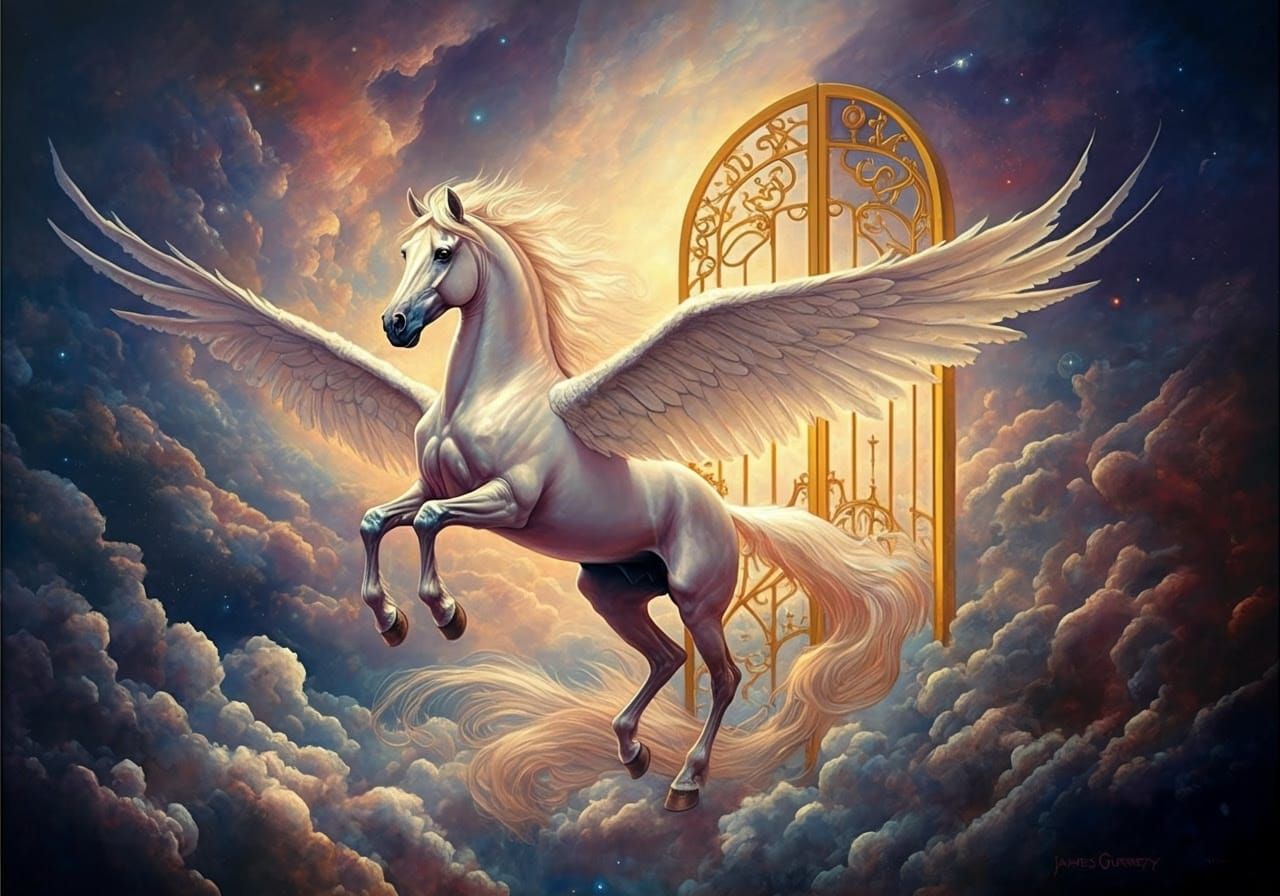 Surreal Oil Painting of Majestic Pegasus Ascending to Celest...