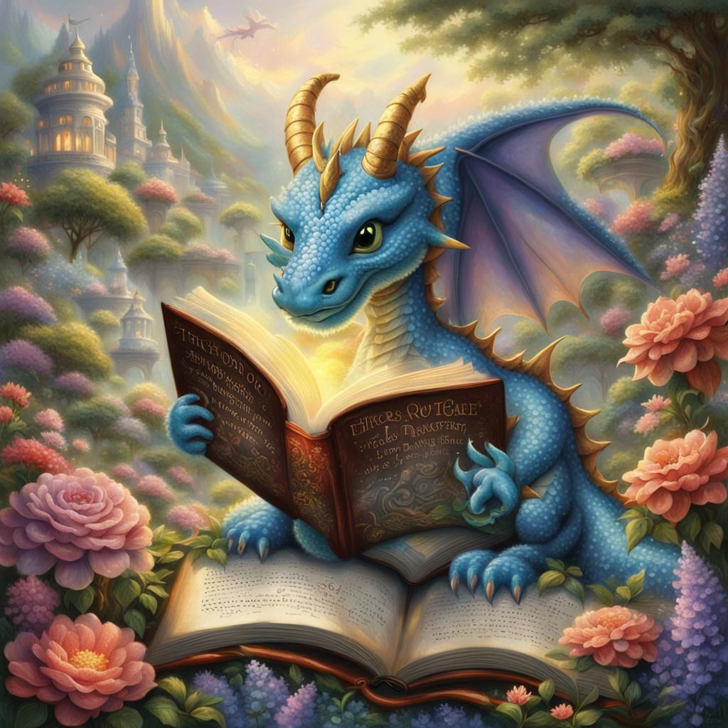 Cute Dragon Emerges from Book in Ethereal Fantasy
