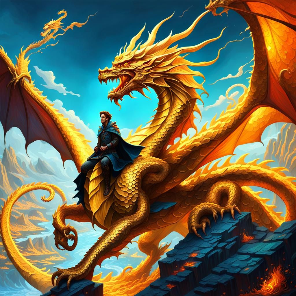 Boy Rides Golden Dragon Casting Fire Spell