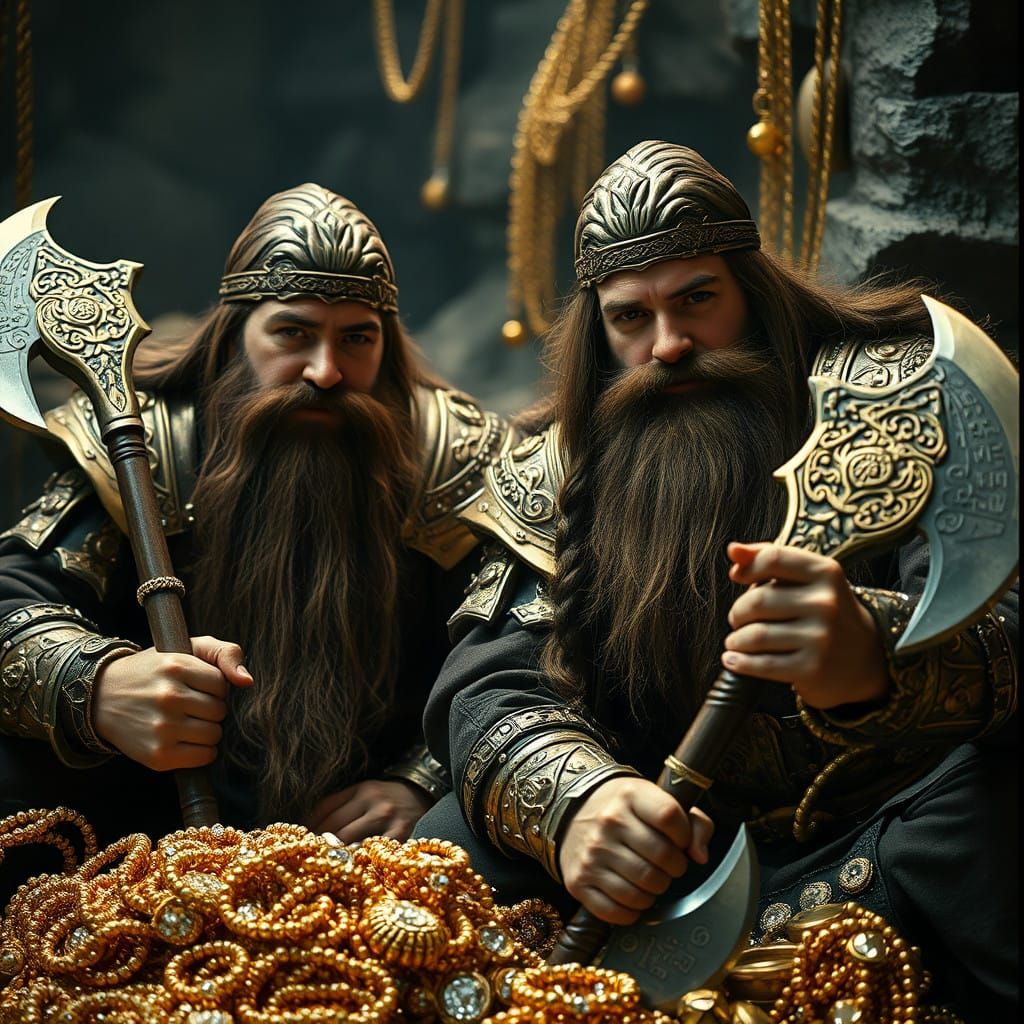Dwarf Warriors in Golden Armors, Wielding Ornate Axes, Amids...