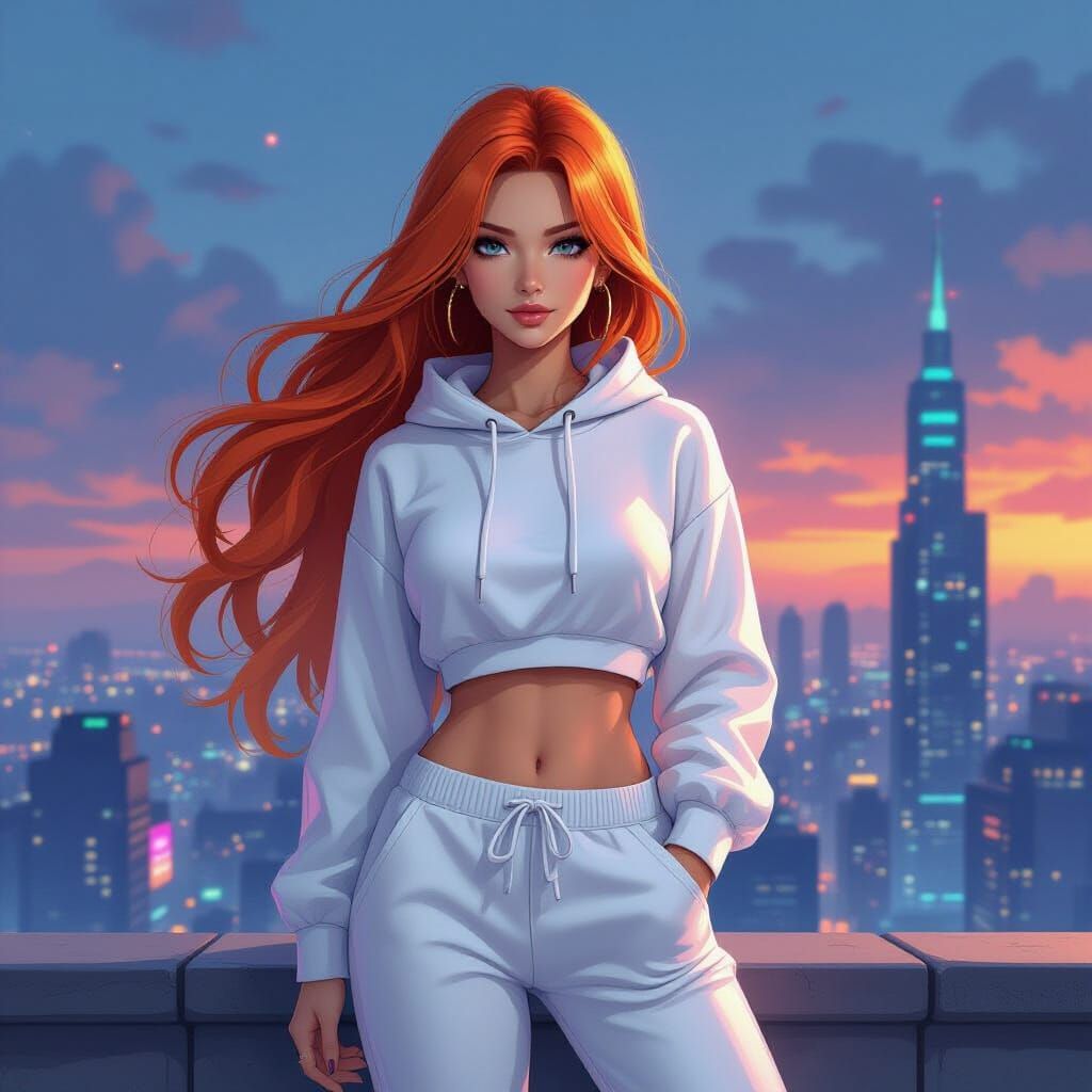 Anime Woman Overlooking Neon Cityscape