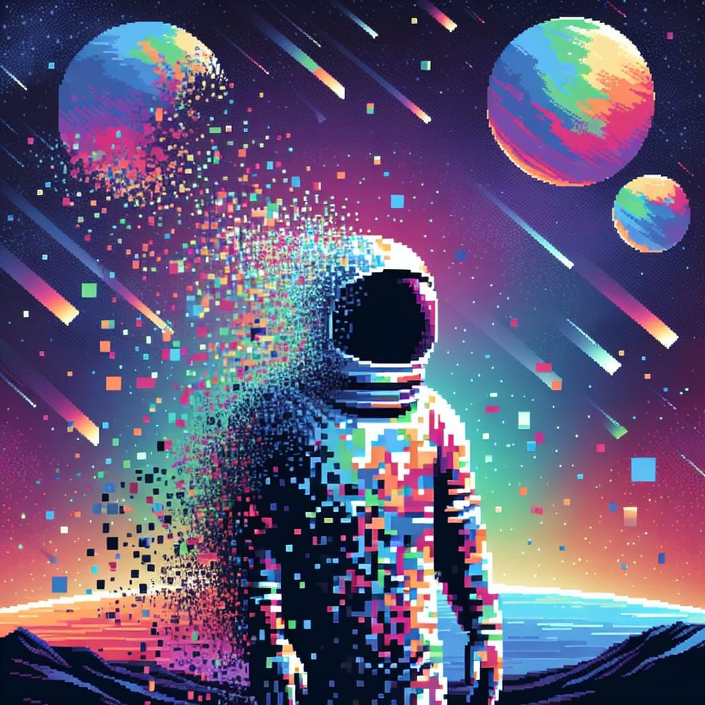 Astronaut Disintegrating into Pixels in Cel-Shaded Style
