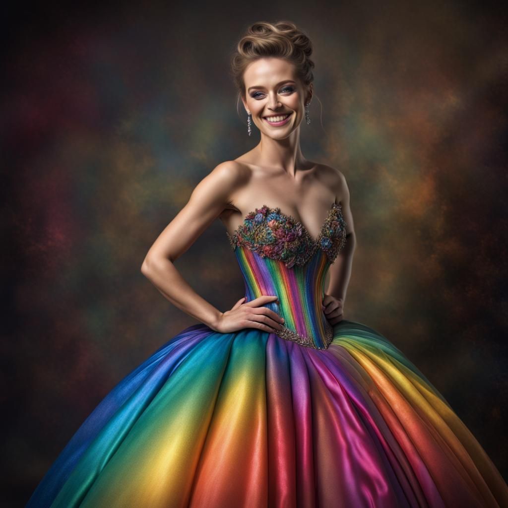 Rainbow Ballgown: Hyperrealistic Woman in Color Spectrum