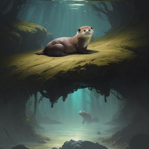 Adorable Otters in Natural Habitat, Hyperdetailed Art