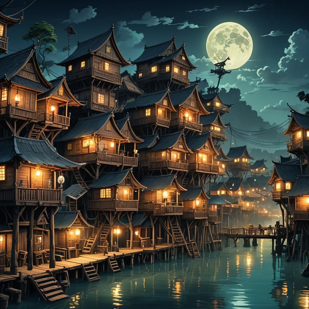 Anime Pirate Village on Stilts at Night