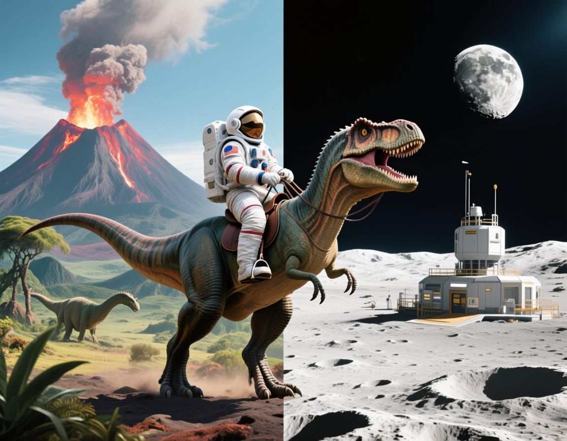 Astronaut Rides Dinosaur Across Jurassic and Lunar Worlds